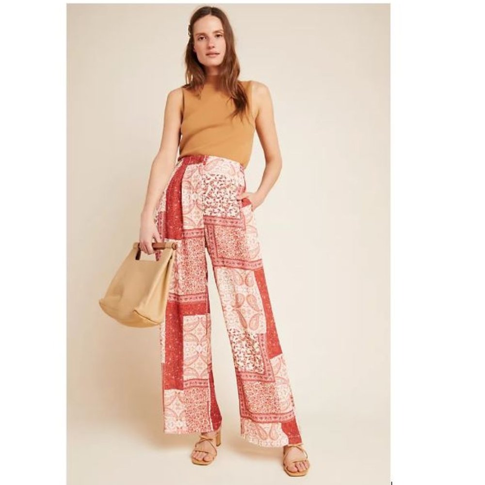 Anthropologie Elena Patchwork Wide-Leg Pants By Eva Franco in Red - Size 8